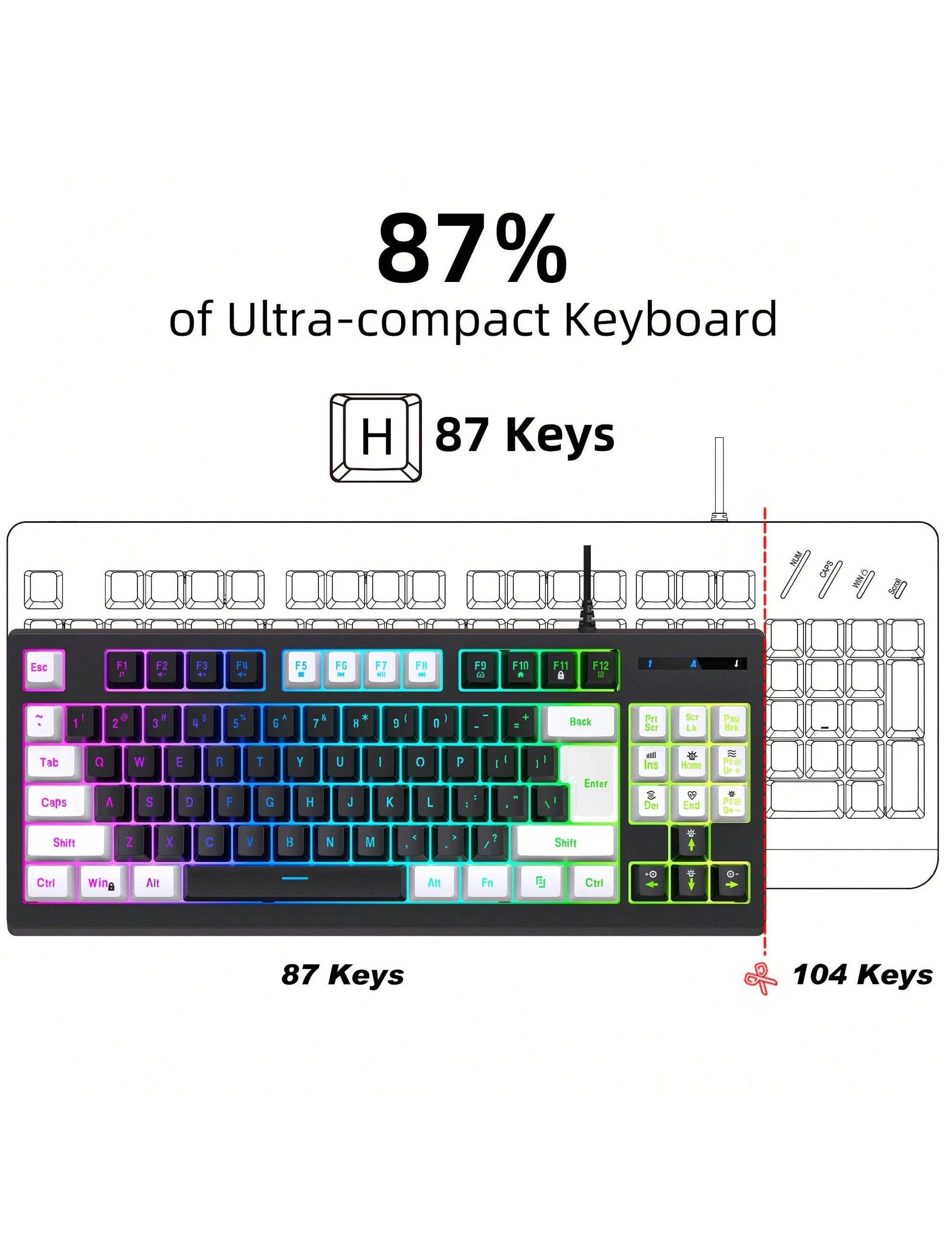 Snpurdiri Snpurdiri Rgb Illuminated, Compact Gaming Keyboard, Usb Cable 87-Key Gaming Keyboard, Led Rainbow Backlit Keyboard, Membrane Keyboard, Suitable for Laptop, Pc Gaming, and Work Keyboard
